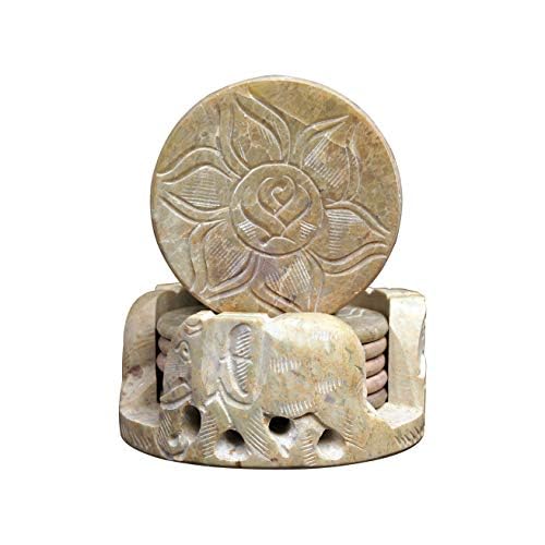 Engraved Floral Design And Elephant Carving Coasters Set with Holder