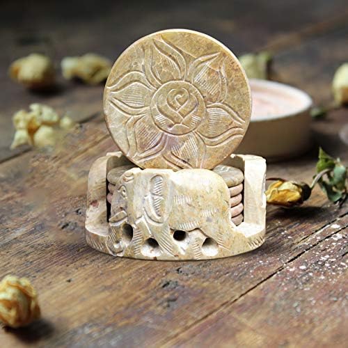 Engraved Floral Design And Elephant Carving Coasters Set with Holder